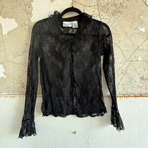 Y2K Lace Top Ruffle Neck Long Sleeve Button Up Coquette Gothic Blouse Womens S